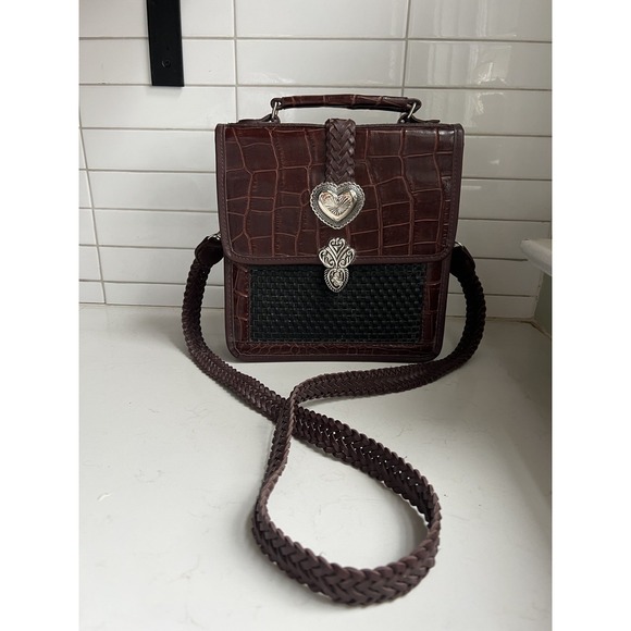 Brighton Mini Briefcase Crossbody w/ Card Slots Brown Black Silver Purse Hearts - Picture 2 of 16